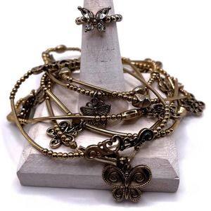 Gold Tone Butterfly Stretch Bracelets (6) & Ring